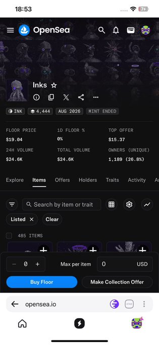 Screenshot of the OpenSea collection page for "Inks" (INK token), showing a floor price of $19.04, 24H volume of $24.6K, and a 24H floor change of 0%, supporting the user's claim of profit from buying in at $0.8.