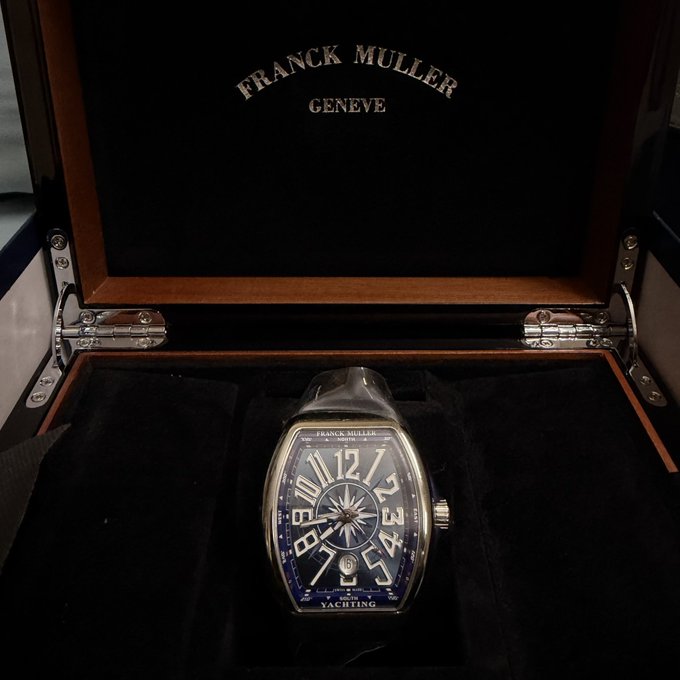 A Franck Muller "Yachting" Geneva watch rests in its branded presentation box, displayed in luxury style as a "good morning" greeting to fellow greeters.