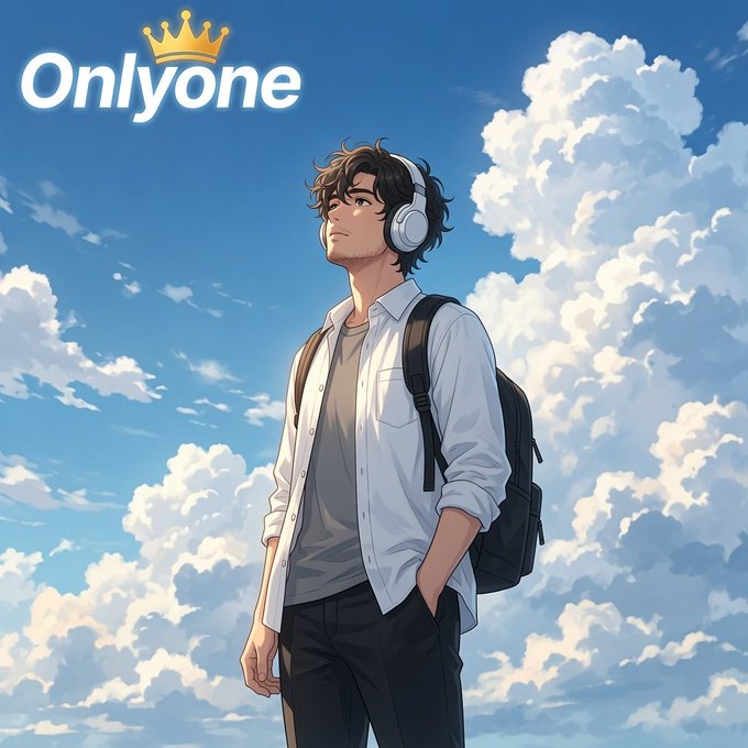 The image features an anime character wearing headphones, standing against a backdrop of clouds with a crown on his head. The character appears to be looking up into the sky or gazing at something above him. In the background, there are words that read "ONLYONE" and "gm fam". These words seem to be related to the anime series or post in some way.