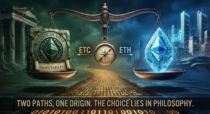 An artistic illustration depicting a balance scale weighing ETC against ETH, with a stone tablet labeled 'CODE IS LAW / IMMUTABILITA' on the left and a glowing Ethereum logo on the right. The caption reads: 'TWO PATHS, ONE ORIGIN. THE CHOICE LIES IN PHILOSOPHY.'