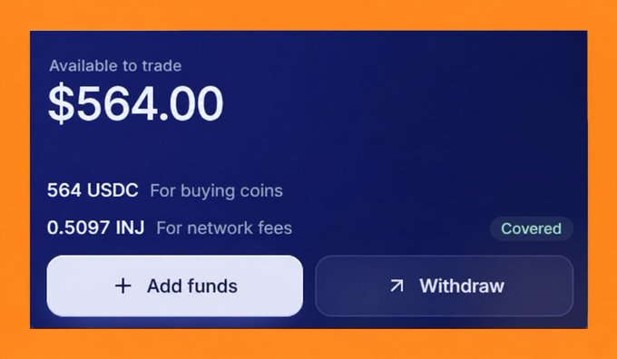 A cryptocurrency trading interface displaying "Available to trade $564.00", "564 USDC For buying coins", and "0.5097 INJ For network fees" (marked "Covered"), with buttons to "Add funds" and "Withdraw".