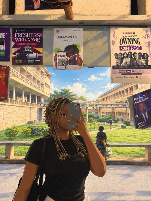 An animated illustration of a woman with blonde braids taking a mirror selfie in front of posters for events including 'Freshers Welcome', 'Agro-Thon 2.0', and 'Owning Your Contrast'.