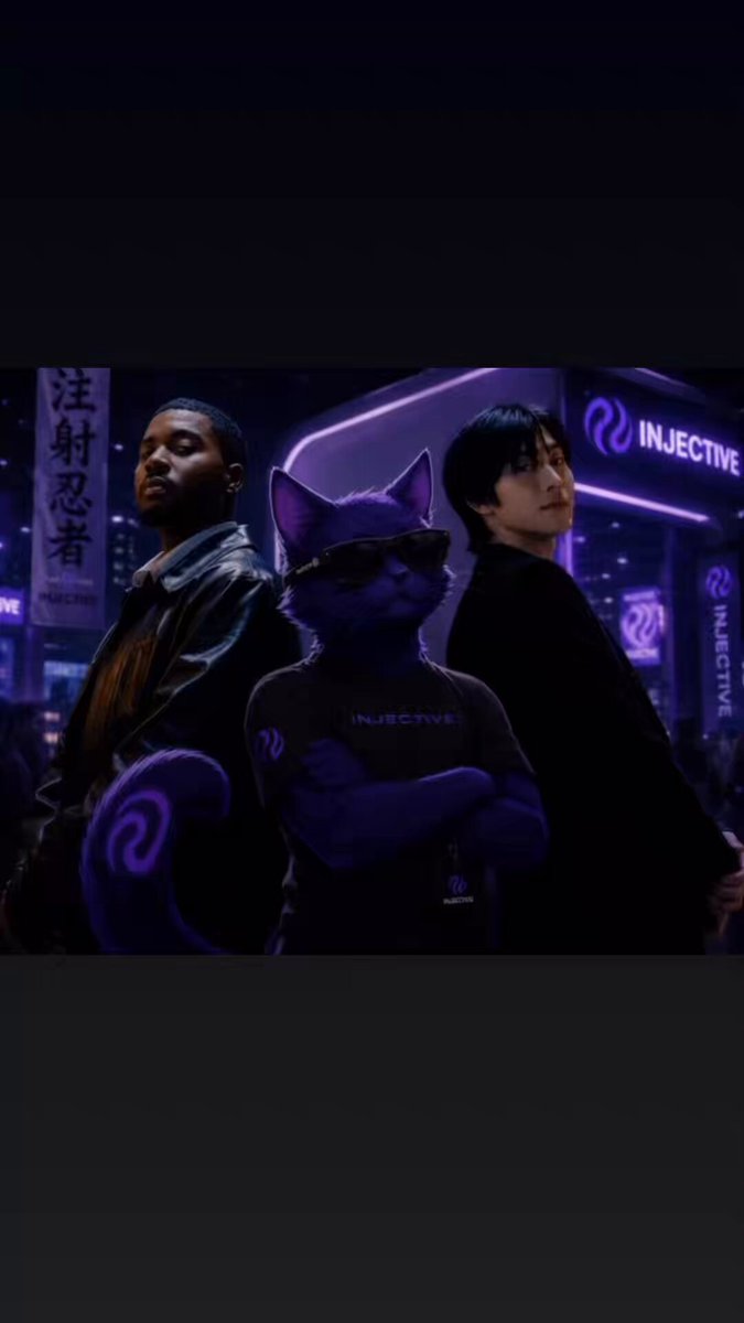 The image features three people standing next to each other, with a cat standing between them. The cat has its arms crossed over its chest as if posing for a photo. In front of the group, there are neon signs that read "Injective" and "blockchain". The background is dark, which contrasts with the brightly lit foreground where the cat stands.