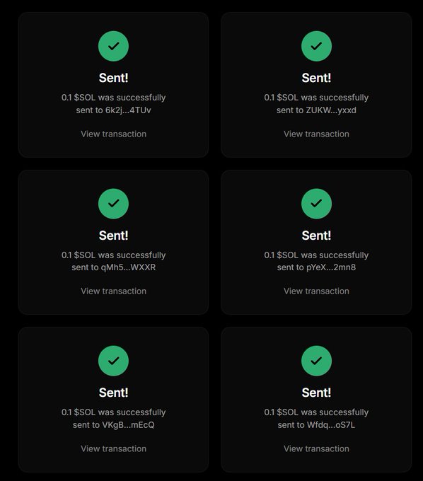 Six confirmation screens display successful transfers of 0.1 $SOL each to different wallet addresses (6K2j...4TUv, 2UKW...yxxd, qMh5...WXXR, pYeX...zmn8, VKgB...mEcQ, and Wfdq...oS7L), each featuring a green checkmark and a "View transaction" link. The image appears to verify that the giveaway promised in the post—"0.1 $SOL — 5 Winners"—has been distributed to the winning participants.