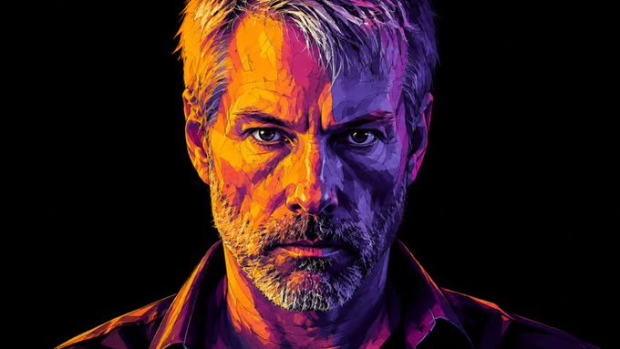 A stylized digital portrait of a man with a beard, rendered in dramatic orange and purple lighting against a black background.