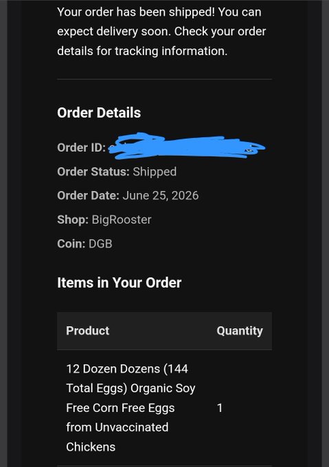 An order shipment notification details a 'Shipped' order from shop BigRooster dated June 25, 2026, for 144 organic soy free-range eggs (Order ID redacted).