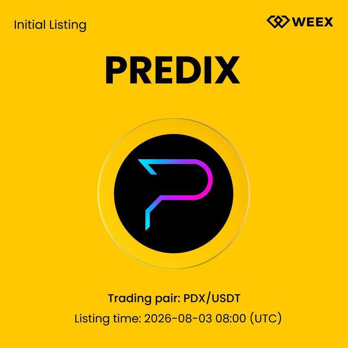 A yellow promotional graphic for 'PREDIX' (PDX) initial listing on WEEX exchange, with trading pair PDX/USDT and listing time of 2026-08-03 08:00 (UTC).