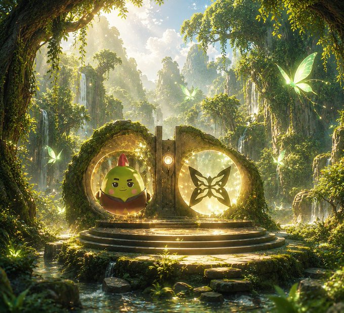 A fantasy digital artwork showing a small, green avocado-like character standing on a stone platform between two circular portals in a magical, lush forest setting with waterfalls and glowing butterflies.