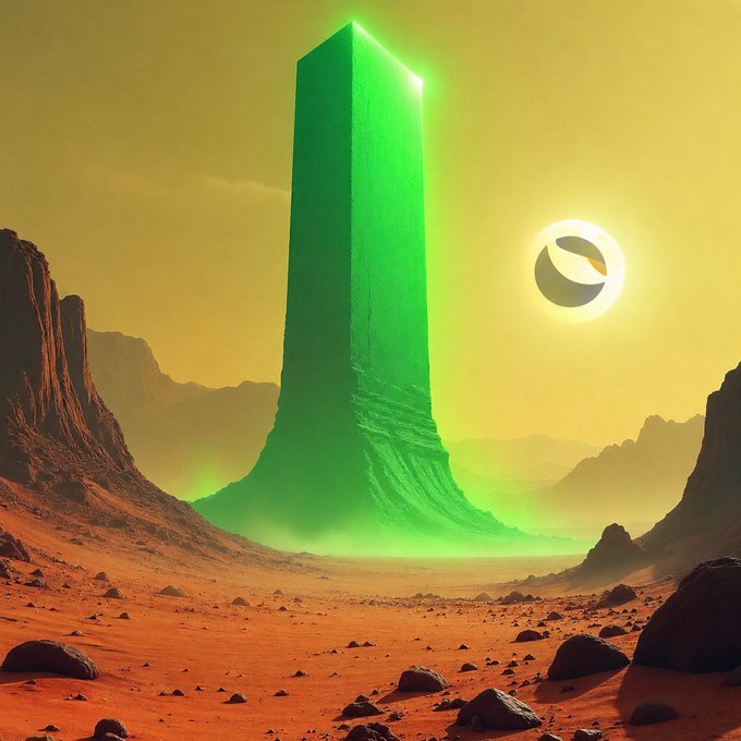 A glowing green monolith towers over a barren, Mars-like landscape under a darkened sun—evoking a solar eclipse—symbolizing the dramatic "Terra Classic ($LUNC) Eclipse Has Begun." The eerie green light and fading sun suggest a transformative moment for the cryptocurrency.