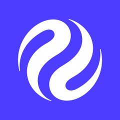 A blue app icon featuring a stylized white swirl or wave-like design on a solid blue background.