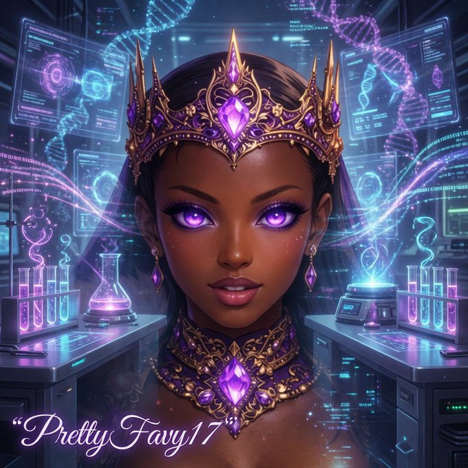 A digital illustration of a queen with purple glowing eyes and a jeweled crown in a futuristic laboratory, watermarked 'PrettyFavy17'.
