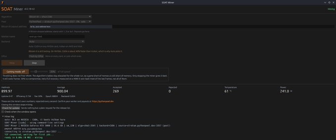 A cryptocurrency mining software dashboard titled 'SOAT Miner' showing a hash rate of 899.97, average of 900.04, and live console output at the bottom.