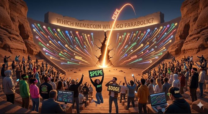 A digital illustration showing a crowd of people in a stadium-like setting with a large screen displaying "WHICH MEMECOIN WILL GO PARABOLIC?" and "PEPE," while attendees hold signs reading "$PEPE," "$DOGE," and "SWIF."