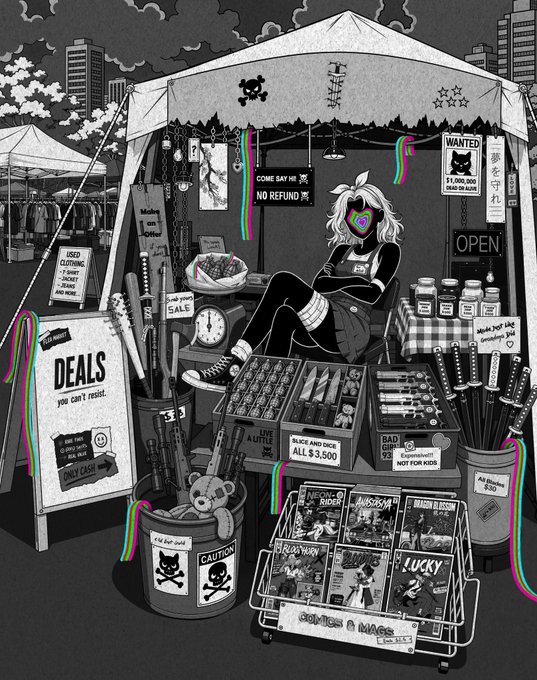 A detailed black-and-white illustration with neon accents depicting an anime girl at a market stall selling knives, clothing, and other wares under signs reading 'DEALS you can't resist' and 'NO REFUND'.