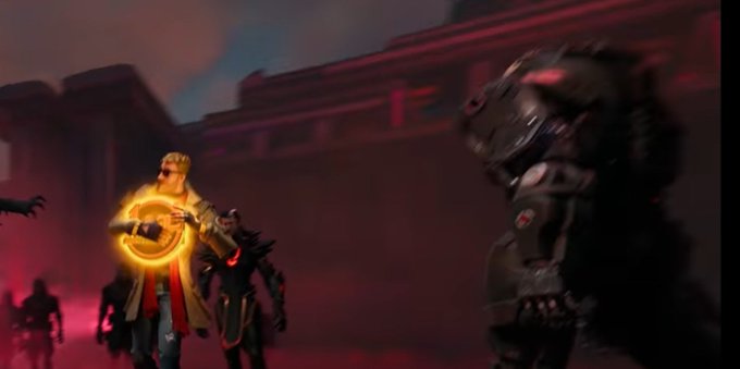 A cinematic 3D animation scene showing a blonde character with a glowing orange weapon facing off against a large dark armored figure in a red-lit environment.