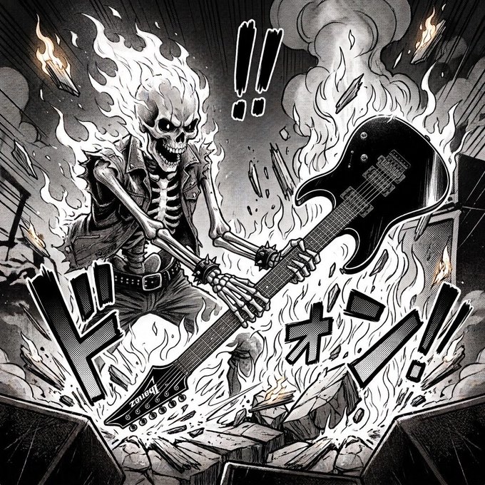 A black and white manga-style illustration of a flaming skeleton playing an electric guitar amid a fiery explosion with dramatic Japanese sound effects.