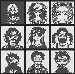 A 3x3 grid of black and white pixel-art character portraits showing various hairstyles and accessories like glasses.