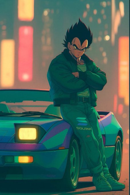 A Vegeta-inspired anime character leans against a teal sports car emblazoned with the "SOLANA" logo and its iconic triple-bar symbol, channeling the post's "GM CT - Good Sunday vibes" energy through a stylish, cyberpunk-tinted urban scene. The crypto branding and confident pose tie directly into the relaxed Sunday sentiment shared in the message.