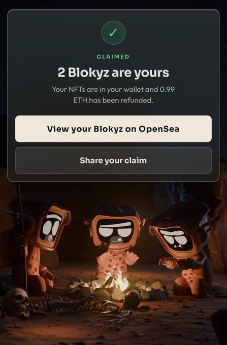 A confirmation screen reading "CLAIMED 2 Blokyz are yours" with options to view on OpenSea or share.