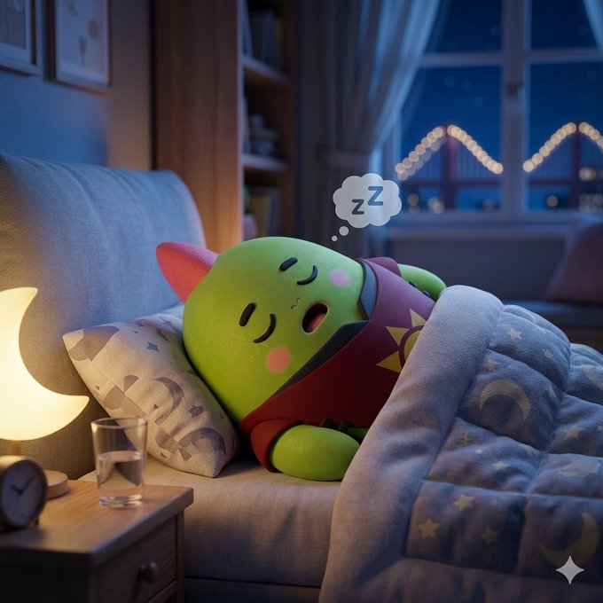 The image features a green dinosaur-like creature with red hair wearing a red shirt and sleeping peacefully on a bed next to a nightstand that has a lamp and a glass of water. The scene suggests that the character might be a sleep agitating figure, designed to remind viewers about the importance of quality sleep for overall well-being.

The post also mentions that sleep quality shapes your entire day, which implies that the character's presence in the image could serve as a reminder or motivation for people to prioritize their sleep and make it a priority in their daily lives.