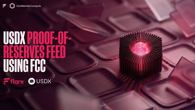 A promotional graphic for Flare and USDX titled "USDX PROOF-OF-RESERVES FEED USING FCC" featuring a glowing red CPU heatsink against a dark background.