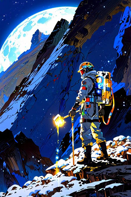 A lone astronaut in a detailed spacesuit stands on a snowy mountain peak under a massive glowing moon, holding a luminous staff that drips molten light onto the rocks below. The image conveys the adventurous spirit of greeting a new day on an otherworldly expedition, fitting the post's "Good morning, Everyone!" message of exploration and wonder.