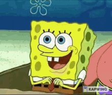 The image features a cartoon character, SpongeBob SquarePants, sitting next to a pink bunny. The character has a big smile on his face as he looks directly at the camera. The background of the image shows an ocean scene with a large blue flower floating in the water. The caption below the image reads "Focus on what is in the image and how it relates to the post".