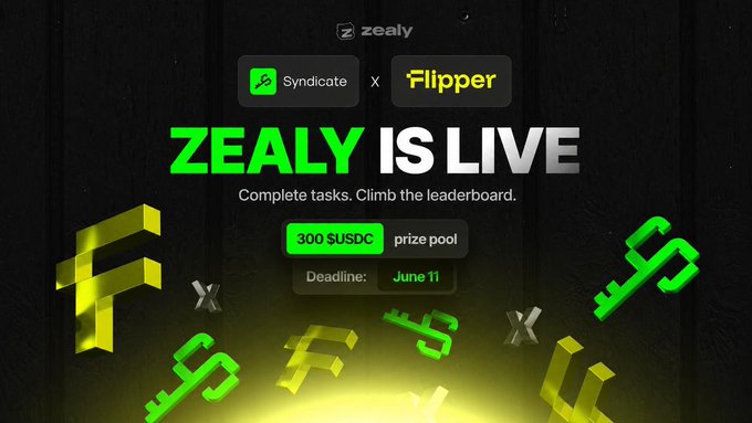 The image features a banner for a trading aggregator called Flipper that has been designed by Zeey. The banner displays the text "Zeey Is Live" along with a logo of a green light surrounded by yellow letters, indicating the campaign's name and purpose. The image also includes a list of tasks to complete in order to participate in the campaign, such as completing tasks, climbing the leaderboard, and entering a prize pool. The deadline for participating is set at June 11th, with a prize pool worth checking out being offered.