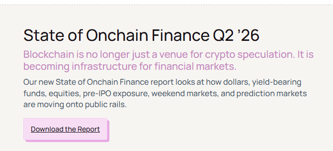 The image is a promotional graphic for Allium's "State of Onchain Finance Q2 '26" report, featuring the tagline "Blockchain is no longer just a venue for crypto speculation. It is becoming infrastructure for financial markets," with a "Download the Report" call-to-action button. The graphic relates to the accompanying post by highlighting the report's data on stablecoin-driven on-chain financial activity, of which TRON is a key contributor.