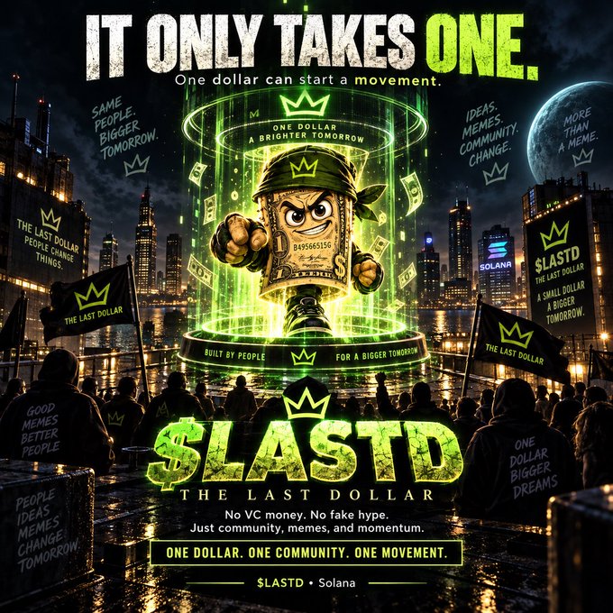 A promotional graphic for the '$LASTD' cryptocurrency on the Solana network reads 'IT ONLY TAKES ONE. One dollar can start a movement.' featuring a cartoon dollar bill wearing a cap.