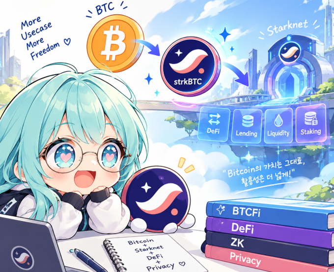 An anime-style illustration features a teal-haired character promoting "strkBTC" and Starknet, with text including "More Usecase More Freedom," "DeFi, Lending, Liquidity, Staking," and Korean phrases about Bitcoin.