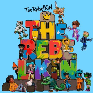 Colorful cartoon book cover titled 'The RebelKin THE REBELKIN' showing diverse animated kids climbing on graffiti-style block letters against a bright blue background.