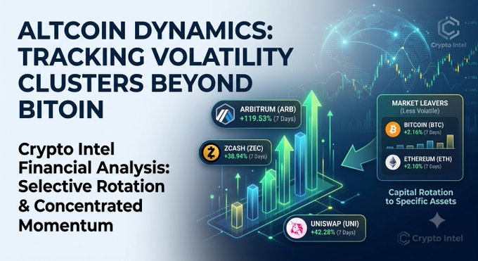 An infographic titled "ALTCOIN DYNAMICS: TRACKING VOLATILITY CLUSTERS BEYOND BITCOIN" by Crypto Intel highlights 7-day performance for Arbitrum (ARB) +119.53%, Zcash (ZEC) +38.94%, and Uniswap (UNI) +42.28%, alongside market leaders Bitcoin (BTC) +2.16% and Ethereum (ETH) +2.10%.