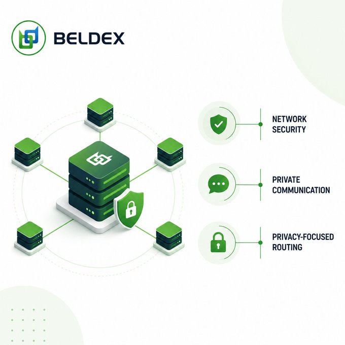 A Beldex-branded infographic illustrating a decentralized network of masternodes connected to a central server with a padlock symbol, highlighting three key features: Network Security, Private Communication, and Privacy-Focused Routing. The visual directly supports the accompanying post by depicting how Beldex's masternode infrastructure enables its privacy-oriented services through an interconnected, secure system.