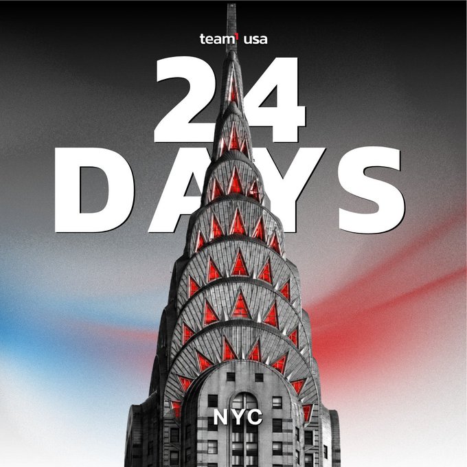 A Team USA promotional graphic showing the Chrysler Building with '24 DAYS' and 'NYC' text overlaid.