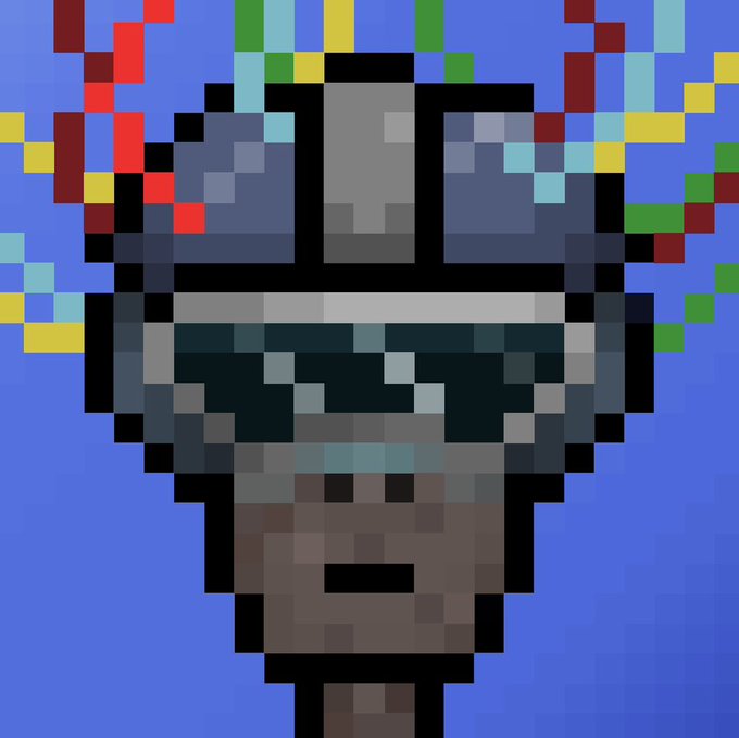 A pixelated digital illustration depicts a character with a metallic, helmet-like head featuring dark sunglasses and an open mouth, set against a bright blue background.