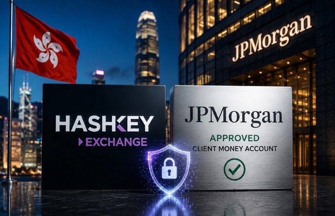 The image shows signage for "HashKey Exchange" and "JPMorgan Approved Client Money Account" against a Hong Kong cityscape with the regional flag, visually representing HashKey's recent approval from J.P. Morgan to open a regulated client money account in the city. A glowing security shield icon between the two signs emphasizes the trust and compliance aspect of the partnership.