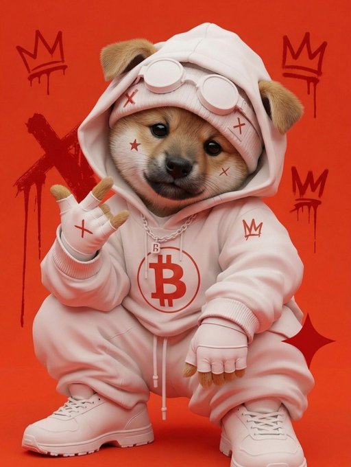 A Shiba Inu dog dressed in a pink hoodie and sweatpants with a Bitcoin (₿) logo pendant, wearing pink goggles on its hood, set against an orange background with crown graffiti.