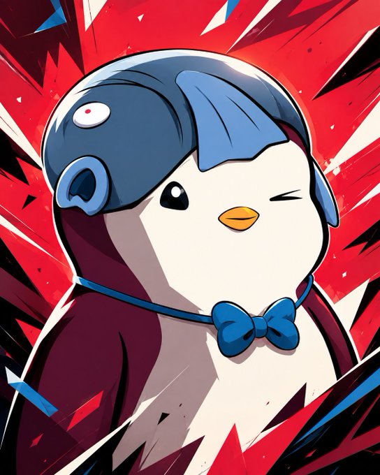 A stylized illustration of a cute penguin wearing a blue shark-like hood and blue bow tie, set against a dramatic red shattered background.