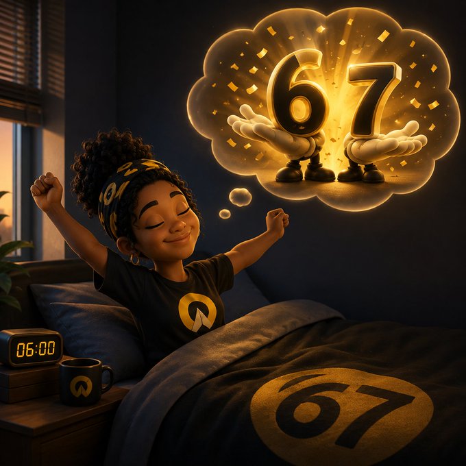 A young woman wakes up cheerfully in bed, dreaming of large glowing numbers "67" held by gloved hands, with the number also displayed on her bedding and a digital clock reading "06:00".