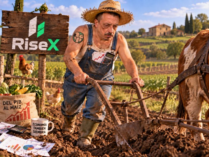 An AI-generated farmer in overalls plows a field with a horse; signs read 'RiseX', 'DEL PIB AL MAIZ', and 'ECONOMÍA TAMBIEN SIEMBRA' with charts on the ground.