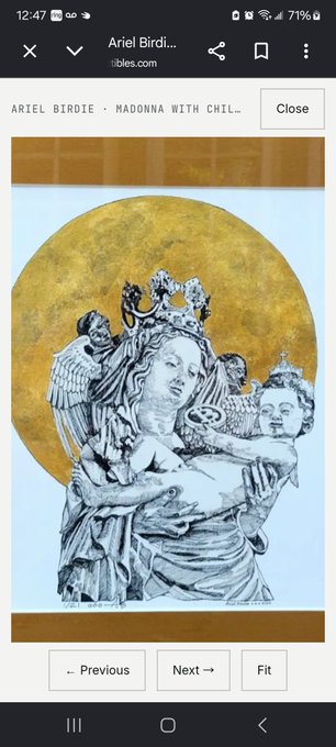 A mobile screenshot displays a webpage featuring an illustration by Ariel Birdie titled 'MADONNA WITH CHILD', depicting a crowned figure holding a cherub against a gold halo.