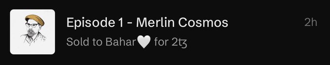An avatar of a man in a cap appears next to text reading "Episode 1 - Merlin Cosmos, Sold to Bahar🤍 for 2tz," documenting the sale of the artwork at the center of the artist's complaint about their collaborator flipping their solo work for a low price.