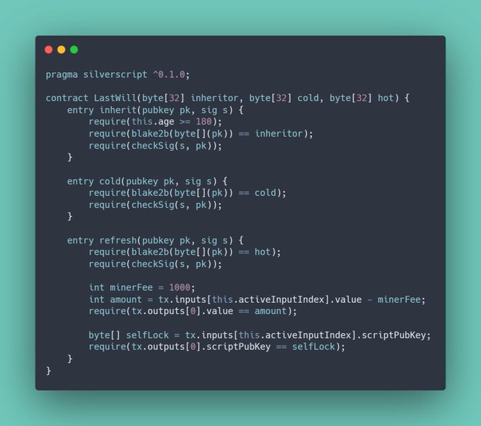 A code editor displays a Silverscript smart contract (version 0.1.0) for Kaspa implementing a 3-key dead-man switch "LastWill" contract with inherit, cold, and refresh functions requiring blake2b hash verifications and signature checks, demonstrating the type of programmable on-chain logic being built on the Kaspa L1 mainnet as referenced in the post.