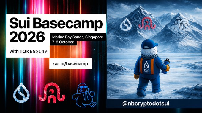Promotional graphics for 'Sui Basecamp 2026' on October 7-8 at Marina Bay Sands, Singapore, featuring crypto mascots and the handle @nbcryptodotsui.