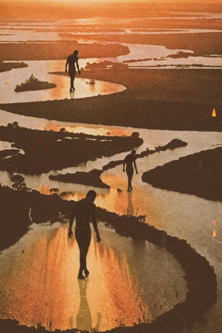 Silhouetted figures wade through a winding network of reflective water channels bathed in warm sunset hues, evoking the wandering essence of the "Nomads" NFT series by Deltasauce. The artwork's dreamlike, otherworldly atmosphere—where human forms appear small against vast, glowing pathways—mirrors the spirit of community and exploration celebrated in the collection's milestone of 13/25 remaining pieces on Objkt.