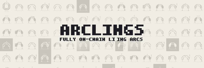 The image shows a banner for "ARCLINGS" with the tagline "FULLY ON-CHAIN LIVING ARCS" displayed in pixelated text over a repeating pattern of arc-shaped character sprites, promoting an NFT collection giveaway tied to the upcoming Arc mainnet launch.