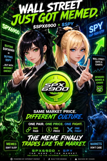 An anime-style promotional poster featuring two suited characters with the text "WALL STREET JUST GOT MEMED" and "$SPX6900 x $SPY" alongside trading icons and slogans like "SAME MARKET PRICE. DIFFERENT CULTURE" and "THE MEME TRADES LIKE THE MARKET," tying into the "Maxxing" post by celebrating $SPX6900's bold max-value positioning against the traditional S&P 500 ETF ($SPY) in crypto/meme culture.