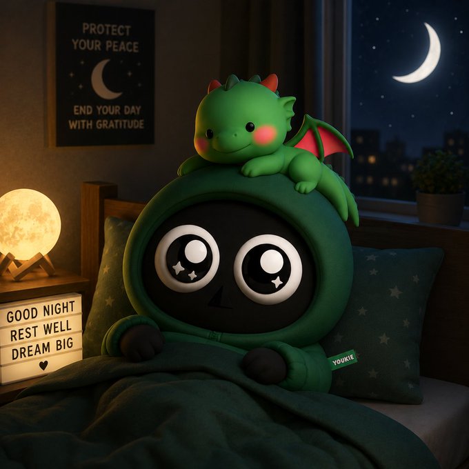 A whimsical bedroom scene with a green hooded character plushie with starry eyes, a small dragon on top, a moon lamp, and 'Protect Your Peace' and 'Good Night, Rest Well, Dream Big' decor.