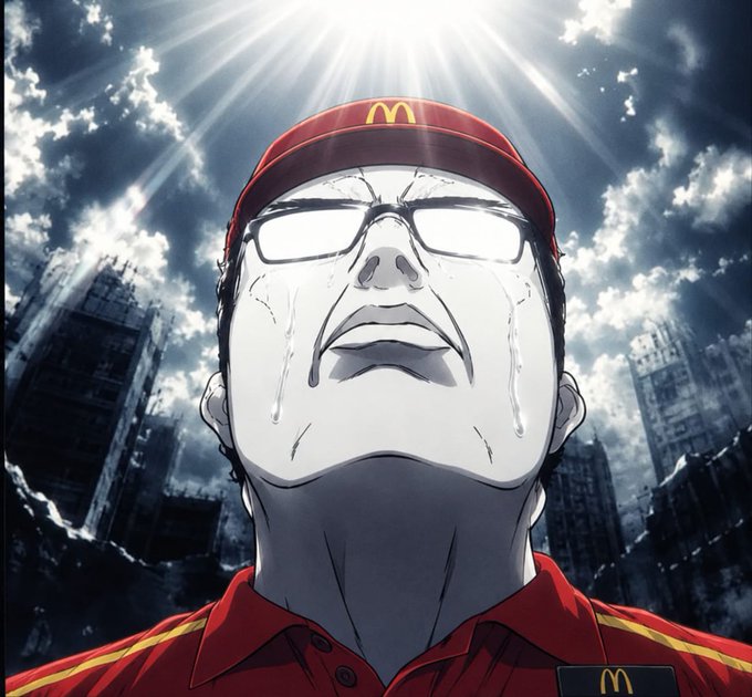 An anime-style illustration shows a man wearing glasses and a red McDonald's visor and shirt, shedding dramatic tears as sunlight breaks through cloudy skies over a ruined cityscape.